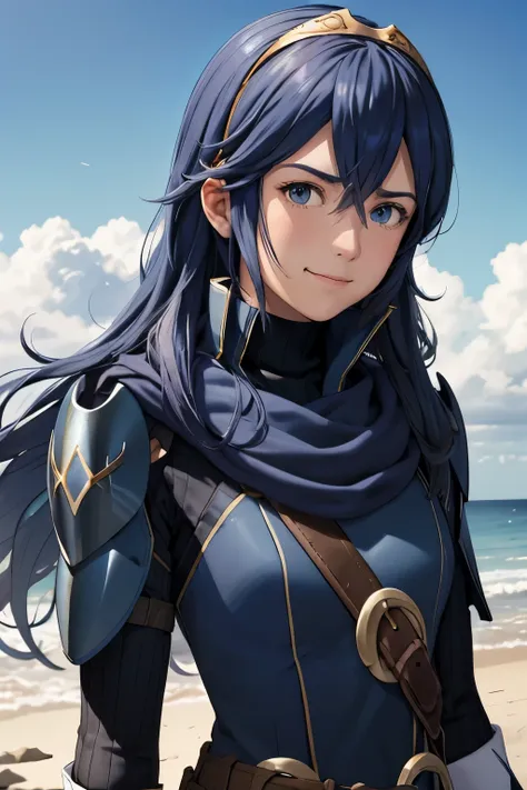 masterpiece, best quality,  defLucy, tiara, blue scarf, blue coat, shoulder armor, long sleeves, cuffs, belt, fingerless gloves, upper body, looking at viewer, furrowed brow, blue sky, clouds, furrowed brow, smile