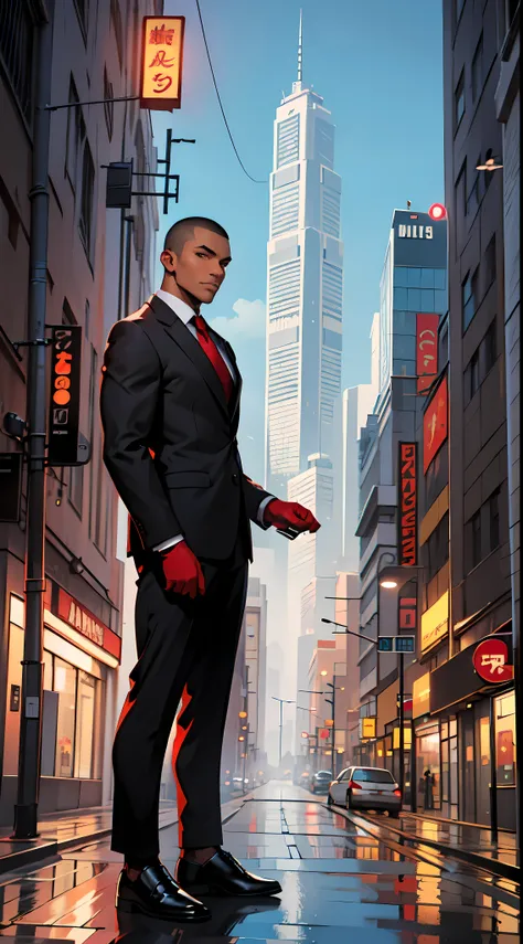 1man, dark skin, brown eyes, buzz cut, black business suit, red tie, red gloves, black shoes, full body view, looking at the viewer, city background, high quality, highly detailed