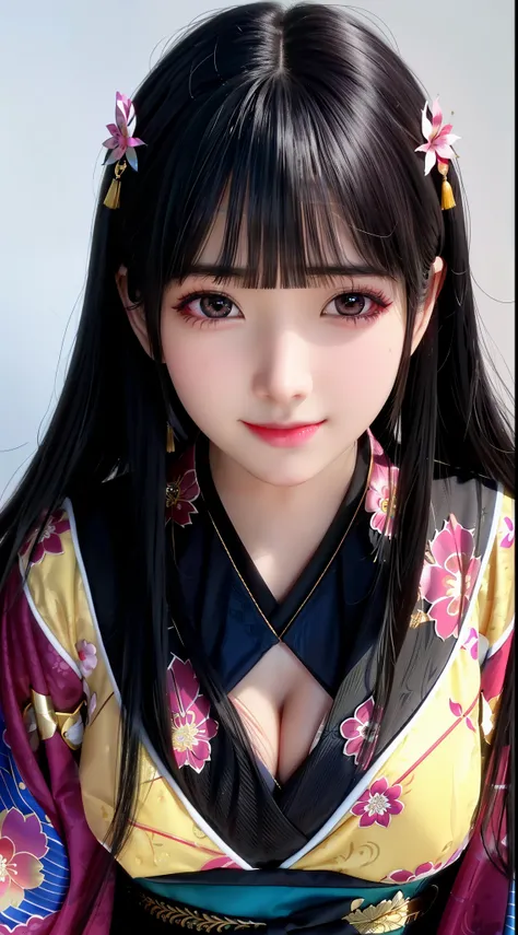 ((Best Quality)), ((masutepiece)), (Detailed), (highlight), Perfect face　Young girl with detailed face showing cleavage、Long, thick, shiny, beautiful black hair with blunt bangs、Single-color background、standing wearing a patterned kimono、