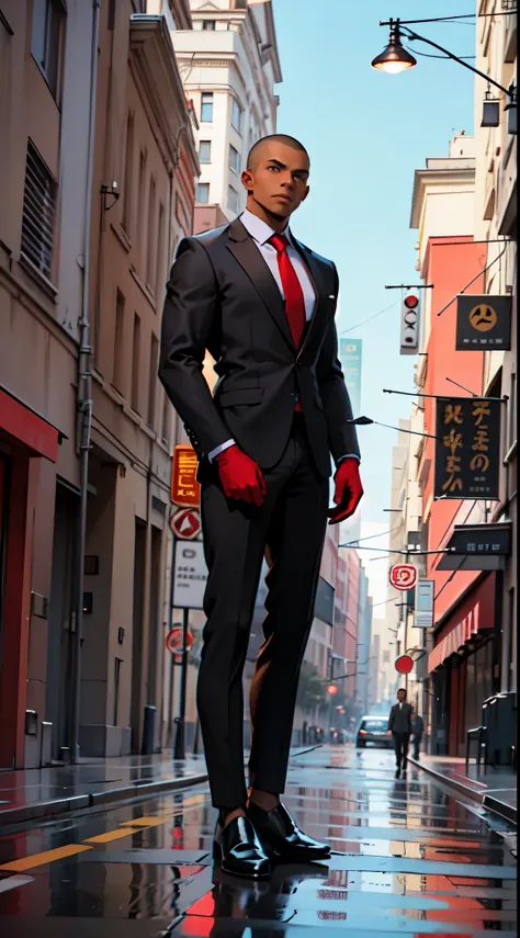 1man, slim, dark skin, brown eyes, buzz cut, black business suit, red tie, red gloves, black shoes, full body view, city background, wide shot, high quality, highres, high details, 1080P