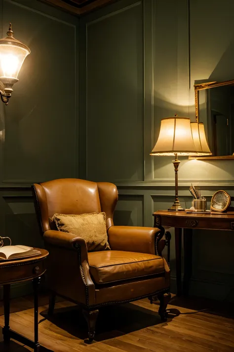 Old style armchair near the table in classical room. Indoor is non-intensive electric light and small lamp to read.