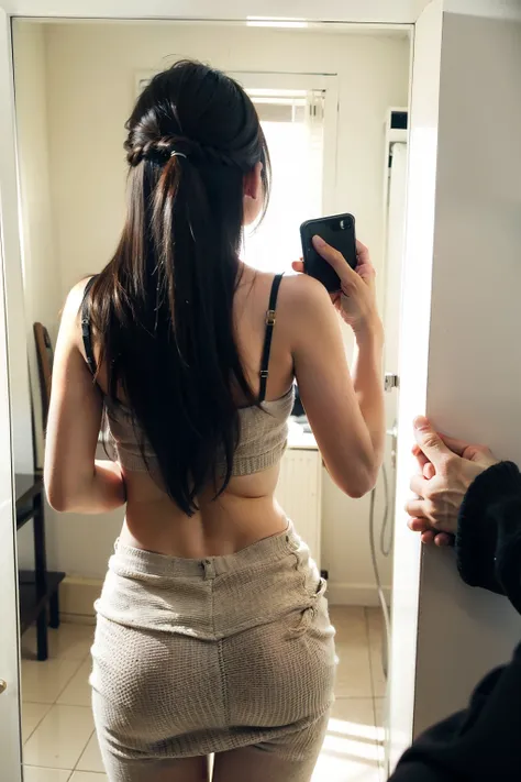 Real girl with long hair taking photos in the mirror