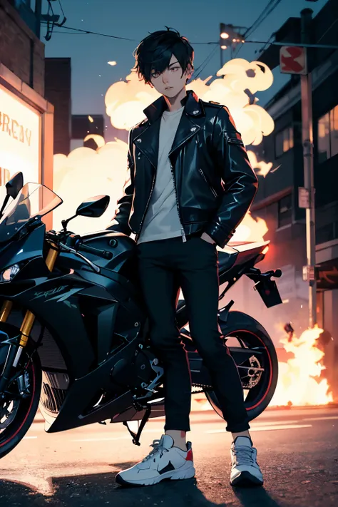 teenaged emo boy with a black sportsbike with red rims wearing a leather jacket,white shirt,black pants,and white shoes with black hair with a biulding on fire behind him at night