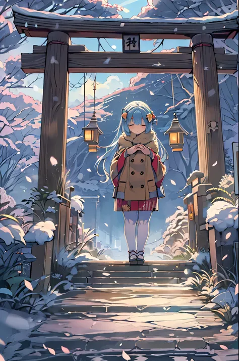 huge-breasted、kawaii、(Sunny Clothes)、torii gate、{{close up to face}}、eye closed、bbw、thick thight、big butts、Ultramammy, Winter days, Anime Background Art, japanese art style, beautiful anime scene,detailed scenery - width 672, Background art, Anime landscap...