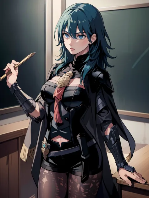 masterpiece, realistic, best quality, perfect image, solo, byleth (female), standing next to a chalkboard, classroom, breastplate, cape, gauntlets, tassel, shorts, belt, patterned pantyhose, blue hair, desks