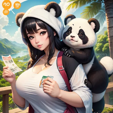 pandas, Fufu, designs,  Fufu, cute big breasts,  pandas, small, muito Fufu ,looking at viewert，Holding a scratch-off lottery ticket in hand