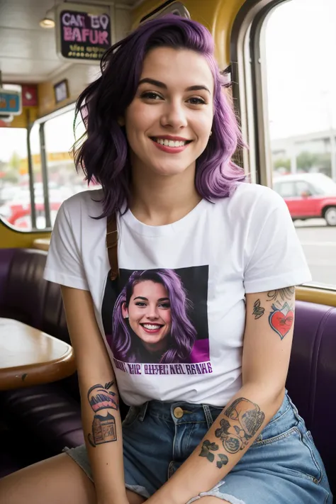 street photography photo of a young woman with purple hair, smile, happy, cute t-shirt, tattoos on her arms, sitting in a 50s diner