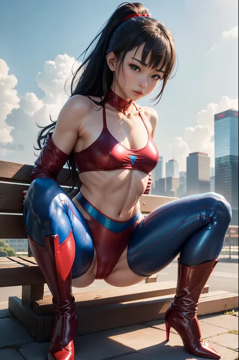 NSFW、Photo from the front of the body、top-quality、Top image quality、​masterpiece、Create Japan Women, Day Park Bench, Black shiny hair, 15yo student, Ponytail hair with bangs, Blue Eyes and Igamem Realistic RAW 8K, The top of a skyscraper shining in the blu...