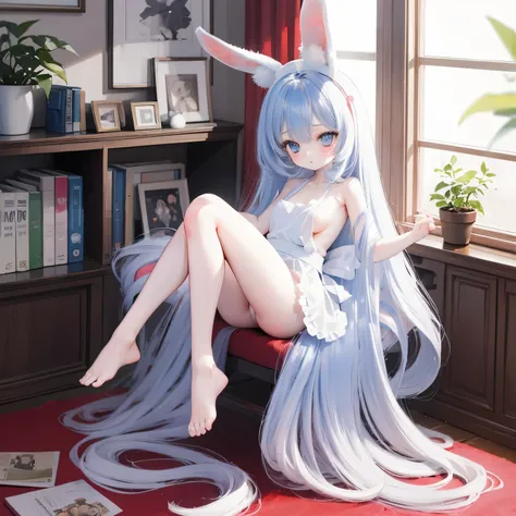 Beautiful illustration, Best quality at best, cute female child, loli, nude, naked, no clothes, bare body, suspended congress, naughty maid apron, two legs, bare feet, pastel colour, rabbit ears, bunny ears, rabbit ears, petite, very long light blue hair, ...