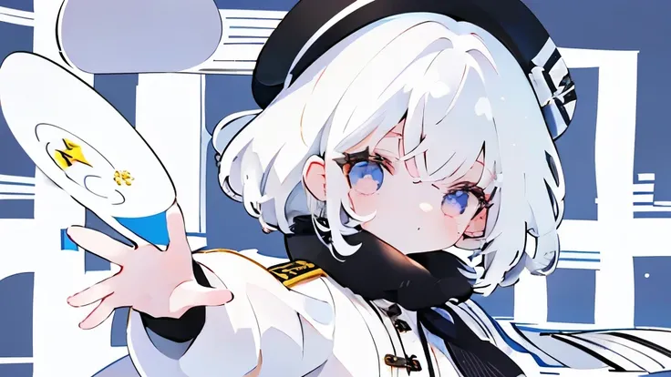 white  hair、viola、white knitwear、black beret、girl with、medium hair、reaching out,