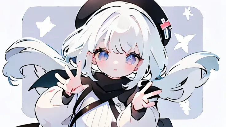 white  hair、viola、white knitwear、black beret、girl with、medium hair、reaching out,