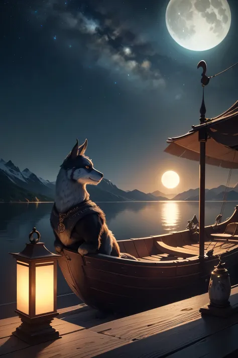 top-quality。Masterpiece。ren。Detailed details。View of the calm fjord from a distance。A beautifully decorated Viking ship is moored。illuminated by the big moon。fantastical light。