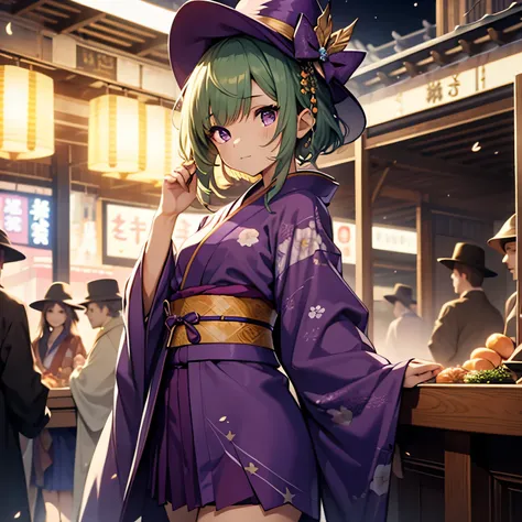 top-quality、extremely delicate and beautiful、(A teenage girl)、Purple Eye、Green hair、small tits、short-haired、(Purple pointy hat)、Soio、kimono outfit、Kimono、shortsleeves、Purple skirt、Purple Wizard Robe、Navel、is standing、new years eve