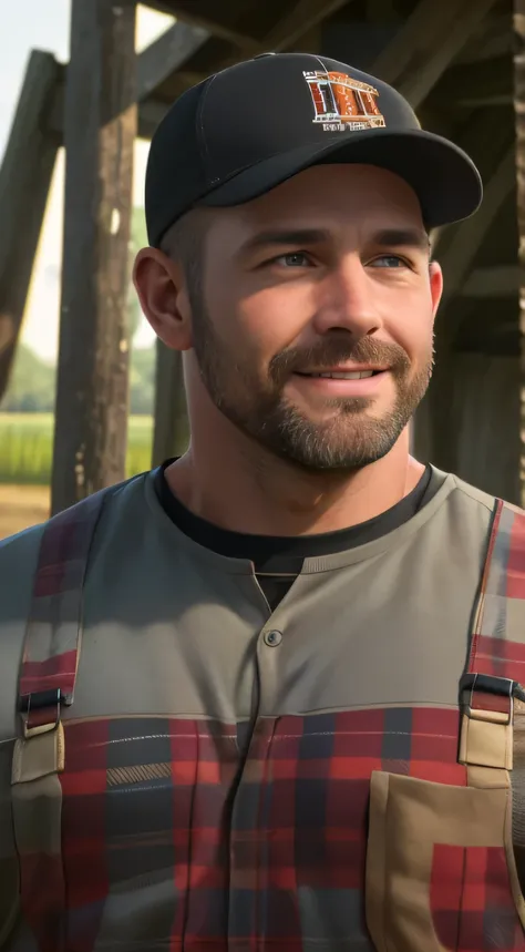 An award-winning original photo，A wild muscular man, (40 years old daddy:1.1), 1boy, Solo, (wearing red plaid overall), (big shoulders), musculature, stubbles, Short beard, Beautiful eyes:1.3, ), (Detailed face:1.3), (baseball cap), smiles, Dynamic Angle, ...