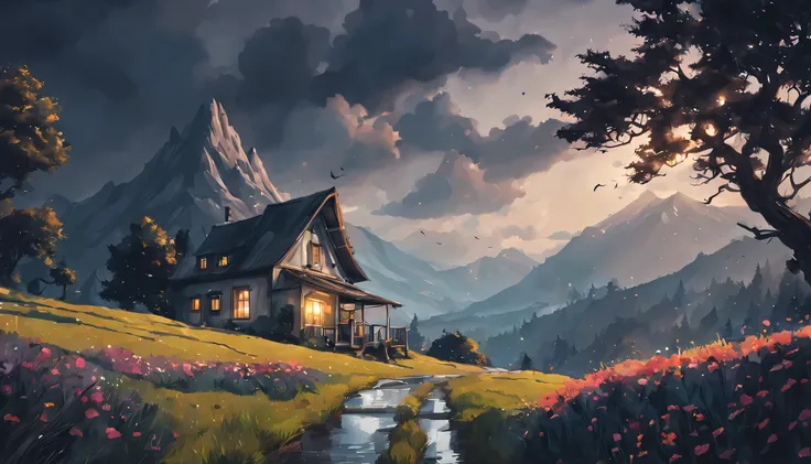 beautiful rainy night, mountains, a dream house, night, calm, alone, art, realistic, hyper-realistic, highly detailed, realism, 32k, photography, hdr, 1080p, cinematic, Hyperrealistic, splash art, concept art, fictional environment, mid shot, intricately d...