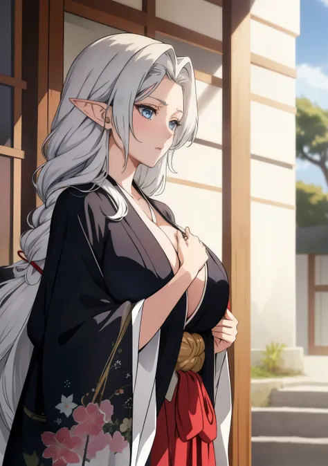 Kimono, huge tits, busty, silver hair, elf ears,  blue eyes, long hair,  detailed, masterpiece, best quality, 4K, HDR, shrine, upperbody, emotionless, single braided hair