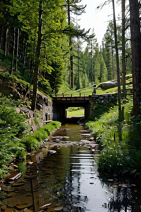 shows a wooded valley with a gully with narrow rails coming out of a small abandoned mine entrance