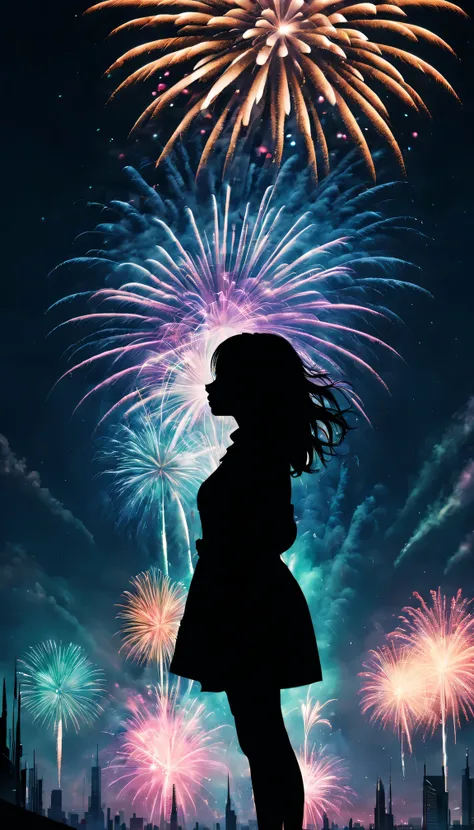 (filmposter)，wide wide shot，Expansive night sky，new year，(A grand fireworks display)，(Girl silhouette texture clear)，(double exposure effect)，vivd coloong exposure technology)，creative composition，artsy photography，hight contrast，soft focus，vague backgroun...