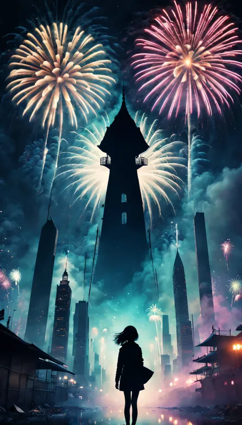 (filmposter)，wide wide shot，Expansive night sky，new year，(A grand fireworks display)，(Girl silhouette texture clear)，(double exposure effect)，vivd coloong exposure technology)，creative composition，artsy photography，hight contrast，soft focus，vague backgroun...