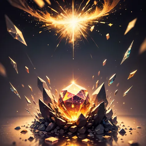 A large, big diamond with magical, spells, magical colors, bright glimmering, fireworks in the background, in a vibrant and mesmerizing display of light and color. (best quality, highres, ultra-detailed), (precious stone, gemstone, diamond), (shattered, br...