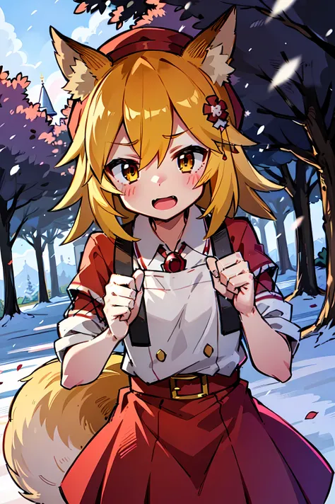 A  girl, Fox ears, 4K Image, flowers of different colors, field, Beautiful trees, Maximum details, village, at home, Beautiful cloud, Very nice girl, fists, Preparing for battle, Aggressive face, Vampires Tooth, White Trees, snowing, overcast weather, snow...