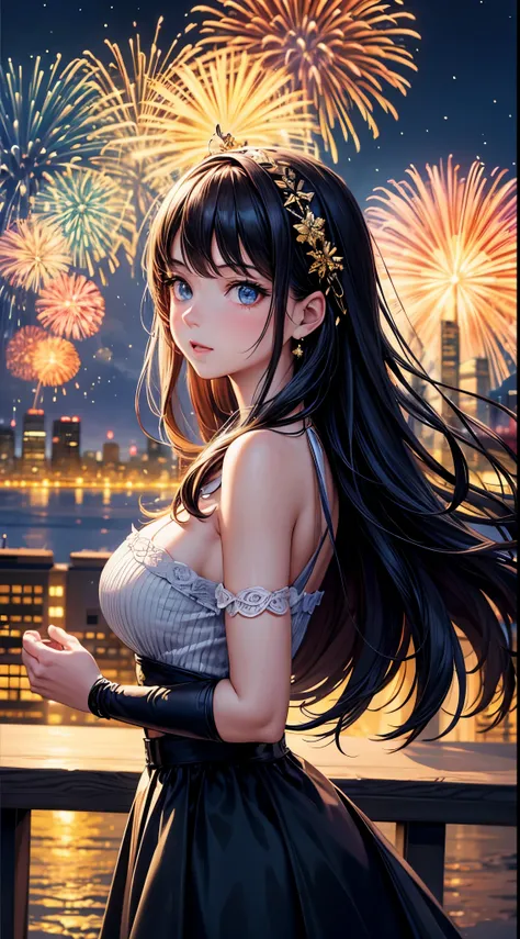 portrait,landscape,painting,illustration,(double exposure effect),girl,girl in a beautiful dress,expressive eyes,festive atmosphere,grand fireworks display in the night sky,sparkling fireworks,mesmerizing colors,romantic ambiance,futuristic skyscrapers,tal...