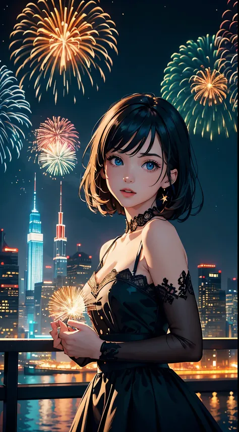 portrait,landscape,painting,illustration,(double exposure effect),girl,girl in a beautiful dress,expressive eyes,festive atmosphere,grand fireworks display in the night sky,sparkling fireworks,mesmerizing colors,romantic ambiance,futuristic skyscrapers,tal...