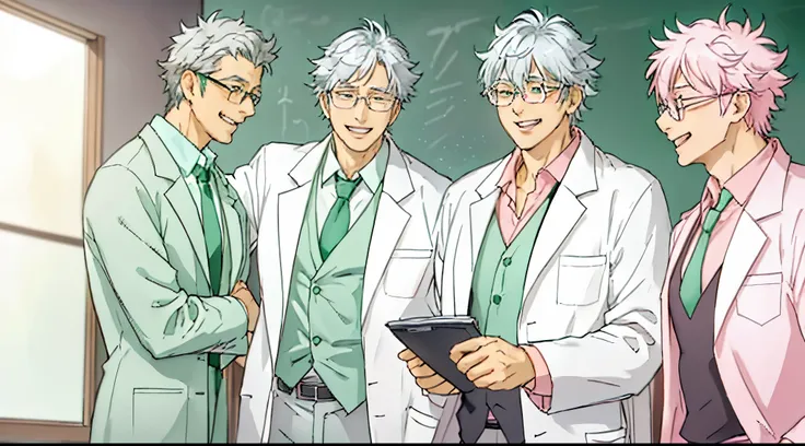 a teacher with a gray hair, he is wearing medical glasses, a lab coat, a green tie and a pink shirt, he is laughing hysterically...