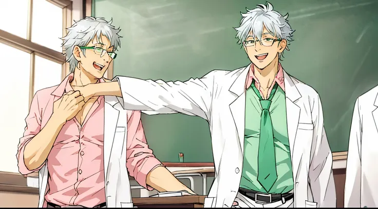 a teacher with a gray hair, he is wearing medical glasses, a lab coat, a green tie and a pink shirt, he is laughing hysterically,  his mouth wide open, his hand is placed on his chest as he laughed