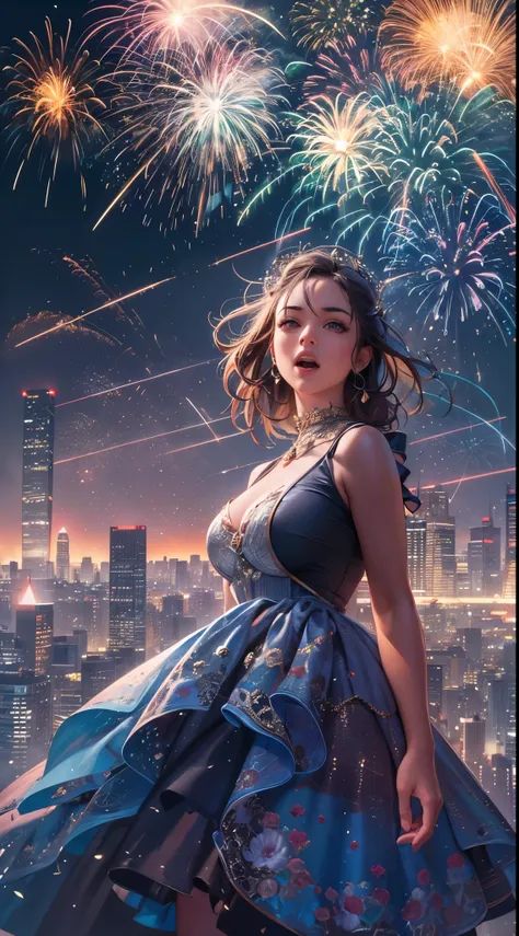 portrait,landscape,painting,illustration,(double exposure effect),girl,girl in a beautiful dress,expressive eyes,festive atmosphere,grand fireworks display in the night sky,sparkling fireworks,mesmerizing colors,romantic ambiance,futuristic skyscrapers,tal...