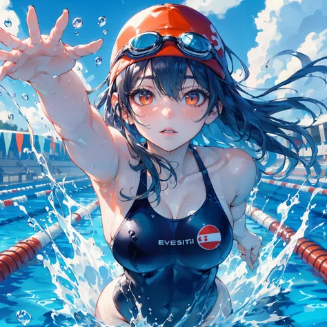 (Best Quality, masutepiece),ultra detailed photographic,1girl in, Female swimmers ,Large breasts,nice legs, At the swimming venue,Detailed beautiful face,Beautiful eyes,detailed hairs,detailed  clothes,Detailed realistic skin,Cool,Dynamic Angle,from below