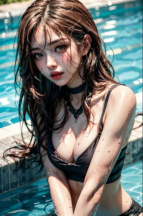 upper body photo of a girl in the water, black tight cami, pale skin, (((erect nipple))), Bangs, Bare Shoulders, black tight(short:1.37)panties, beautiful breasts, Breasts squeezed together, on water, in the pool, detailed pool background, Hair between the...