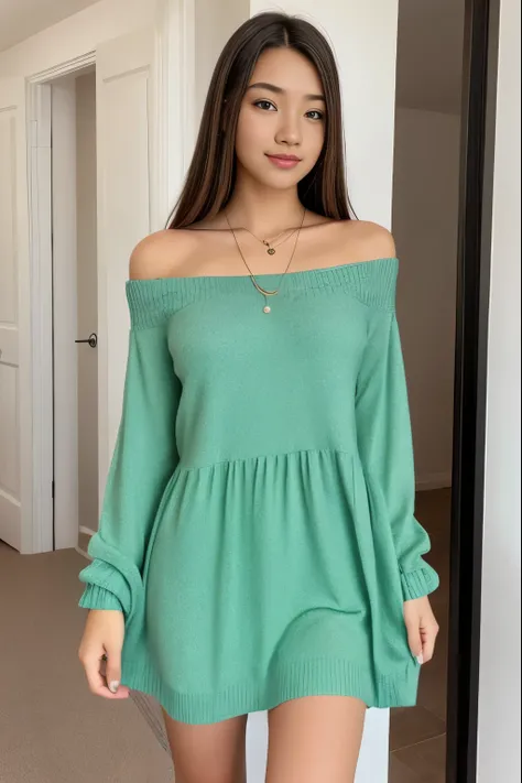 1girl in, age19, Solo, Long hair, Colossal tits, Looking at Viewer, Blonde hair, Bare shoulders, Brown eyes, jewely, Full body, a necklace, off shoulders, Sweaters, Realistic, A sexy, Wearing a green party dress with no makeup