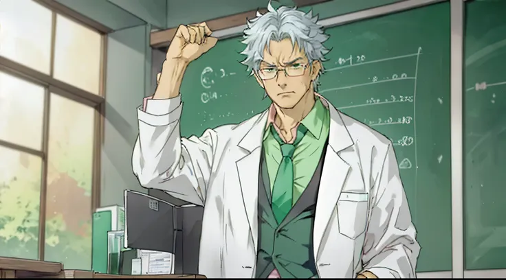 a teacher with a gray hair, he is wearing medical glasses, a lab coat, a green tie and a pink shirt, he is angry and pissed off,...