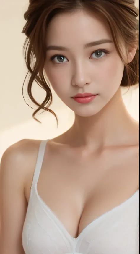 ((The highest image quality, 8K, tmasterpiece:1.3)), 1girll, Beautiful woman with slender abs:1.3, (Casual hairstyle no leaks:1.2), Low Cut Bra，Oversized，Ultra-fine face, A detailed eye, 二重まぶた，ssmile，Home，The figure is very bad，tiny small waist，Super big b...