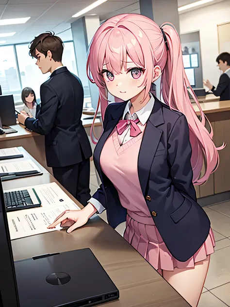 1, There are men and women behind the counter..
2,the woman is the receptionist, She is wearing a pink blazer and a pink skirt., An unfriendly person who hates men.
3,The man is an employee of this company、hitting the receptionist。.
4,The location is the c...