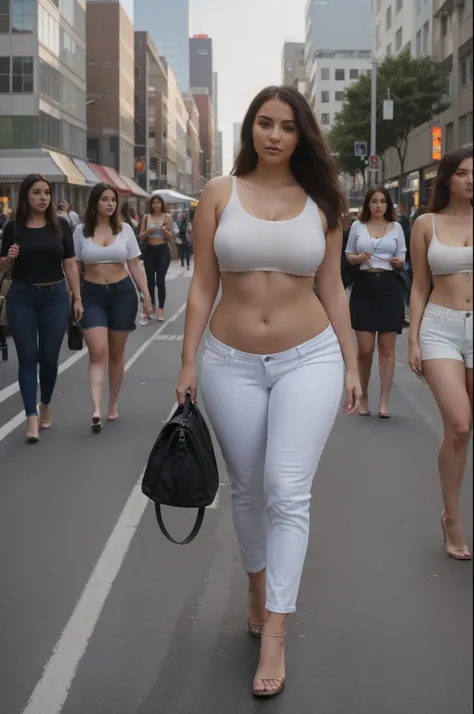 High-resolution, full-body photograph of a beautiful girl, hour-glass body type, proportionally curvy, slender with curves, fully clothed, suitable for a popular Instagram post. Fashion-forward and set against an urban backdrop, walking on the sidewalk whi...