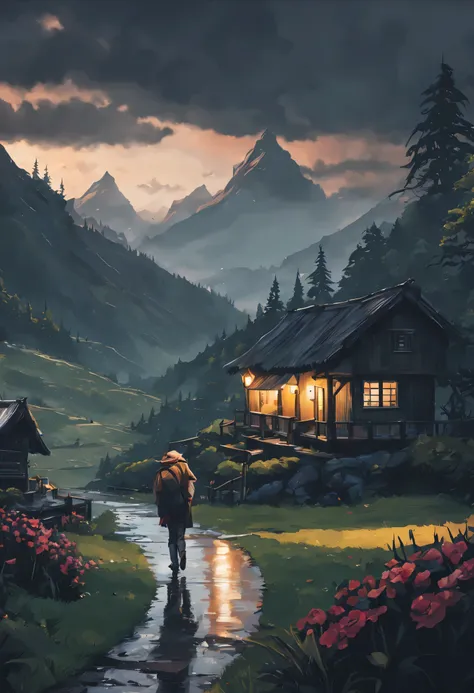 beautiful rainy day, mountains, a dream house, night, calm, alone, art, realistic, hyper-realistic, highly detailed, realism, 32k, photography, hdr, 1080p, cinematic, Hyperrealistic, splash art, concept art, fictional environment, mid shot, intricately det...