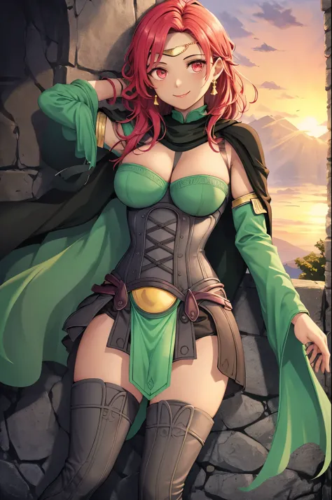 masterpiece, best quality, warHapi, earrings, circlet, underbust, green cape, pelvic curtain, thigh boots, large breasts, smile, cliff, sunset, looking at viewer