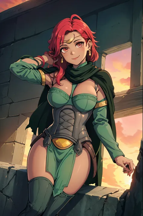 masterpiece, best quality, warHapi, earrings, circlet, underbust, green cape, pelvic curtain, thigh boots, large breasts, smile, cliff, sunset, looking at viewer