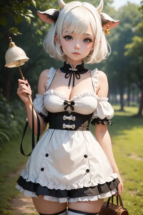 cute girl, She wears a cow costume, cow horns, cow ears, short white hair, a bell, and a costume spotted like cowhide.