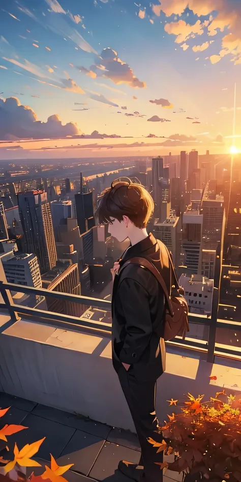 realistically、View from the top of the city、Beautiful autumn leaves、Deep reinforcement、The sunset is beautiful、There are big clouds、There is a big building，Sad boy