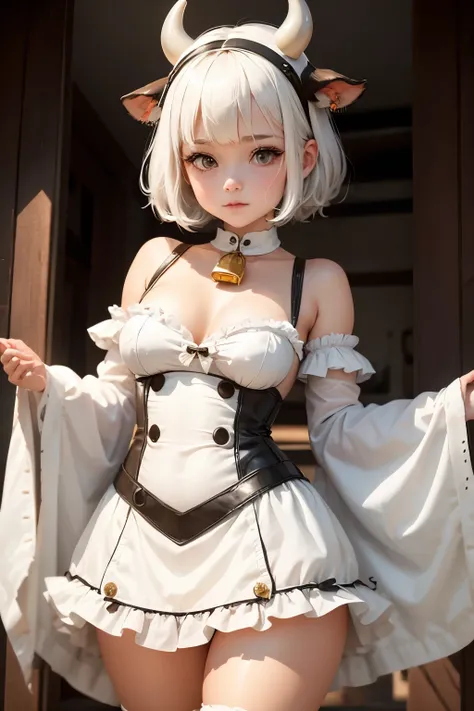 cute girl, She wears a cow costume, cow horns, cow ears, short white hair, a bell, and a costume spotted like cowhide.