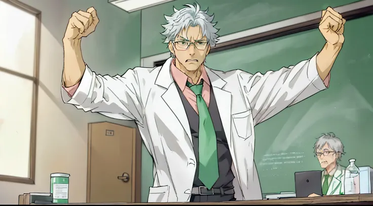 a teacher with a gray hair, he is wearing medical glasses, a lab coat, a green tie and a pink shirt, he is angry, his mouth wide open as he shouts in anger, he is furious, he is mad, he is gesturing with his arms and hands as he argued