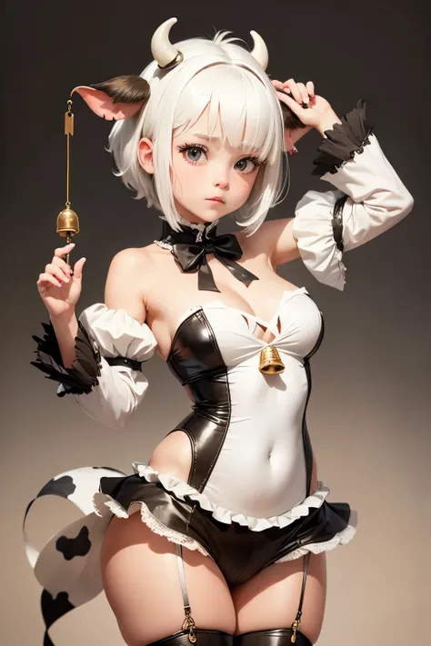 cute girl, She wears a cow costume, cow horns, cow ears, short white hair, a bell, and a costume spotted like cowhide.