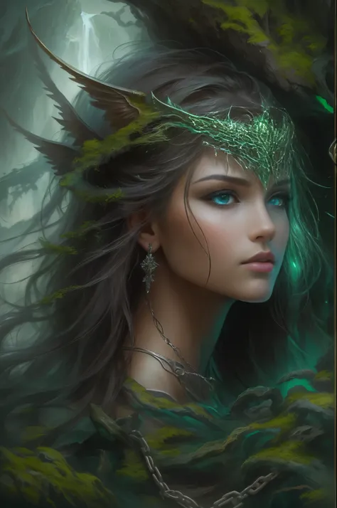 A woman holding chains and a glowing green demon, Abaddon and Magali Villeneuve, stands tall in front of a magnificent fantasy landscape. The womans eyes are captivating, with intricate details that reflect the intensity of her emotions. Her lips are delic...