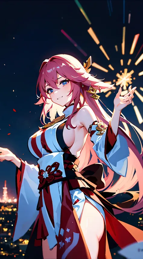 sportrait,The landscape,painting of a,illustratio,YaeMiko, The sleeves are separated, No shoulder strap, (Side breasts:1.45), with pink hair, long whitr hair, japanses clothes,festive atmosphere,(Grand fireworks show in the night sky),Sparkling fireworks,c...