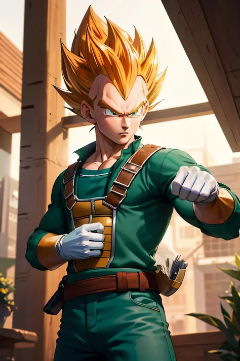 (masterpiece, best quality: 1.2), cowboy shot, solo, male focus, 1boy, vegeta, serious, looking at the viewer, spiked yellow hair, green eyes, armor, white gloves, martial arts