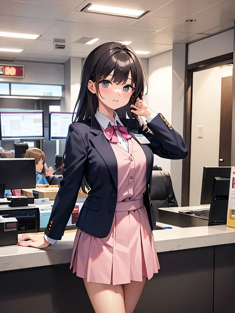 1, There are men and women behind the counter..
2,the woman is the receptionist, She is wearing a pink blazer and a pink skirt., An unfriendly person who hates men.
3,The man is an employee of this company、I&#39;m asking the receptionist to come with me.。....