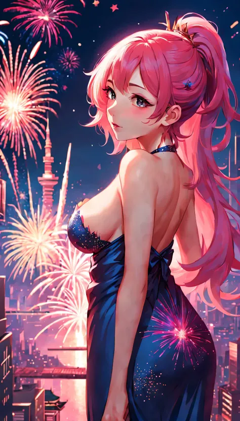 sportrait,The landscape,painting of a,illustratio,YaeMiko, The sleeves are separated, No shoulder strap, (Side breasts:1.45), with pink hair, long whitr hair, japanses clothes,festive atmosphere,(Grand fireworks show in the night sky),Sparkling fireworks,c...